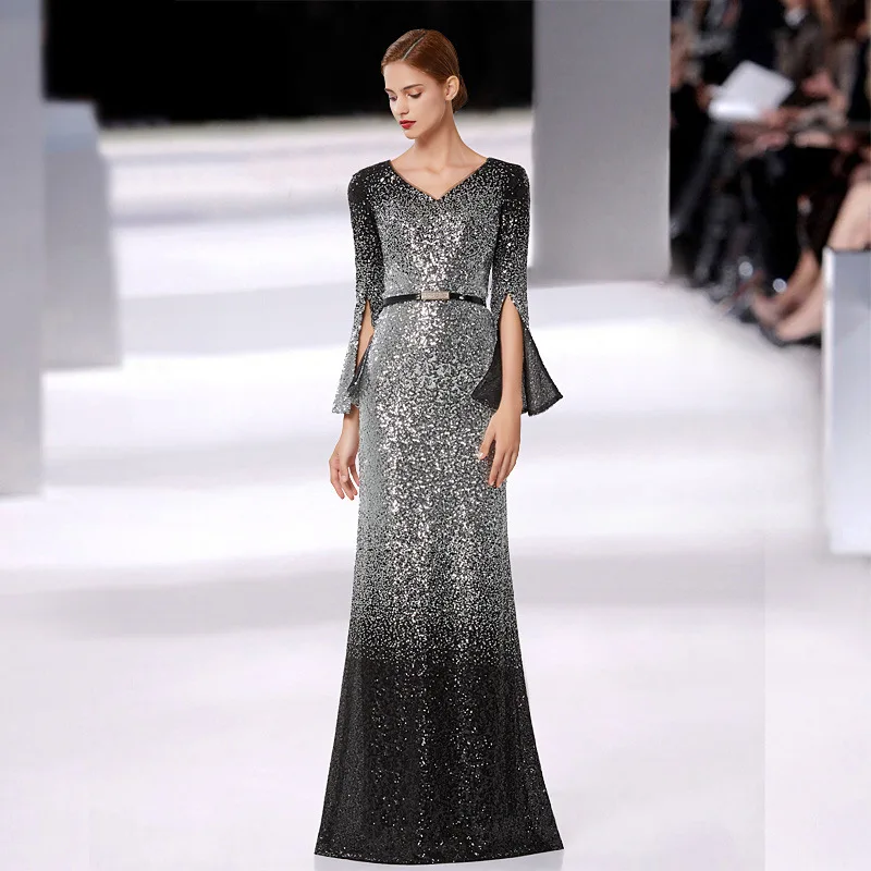 

Gray Sequins Women Qipao Elegant Stage Show Performance Cheongsam Sexy Bling Bling Full Length Dresses Gown V-Neck Clothing