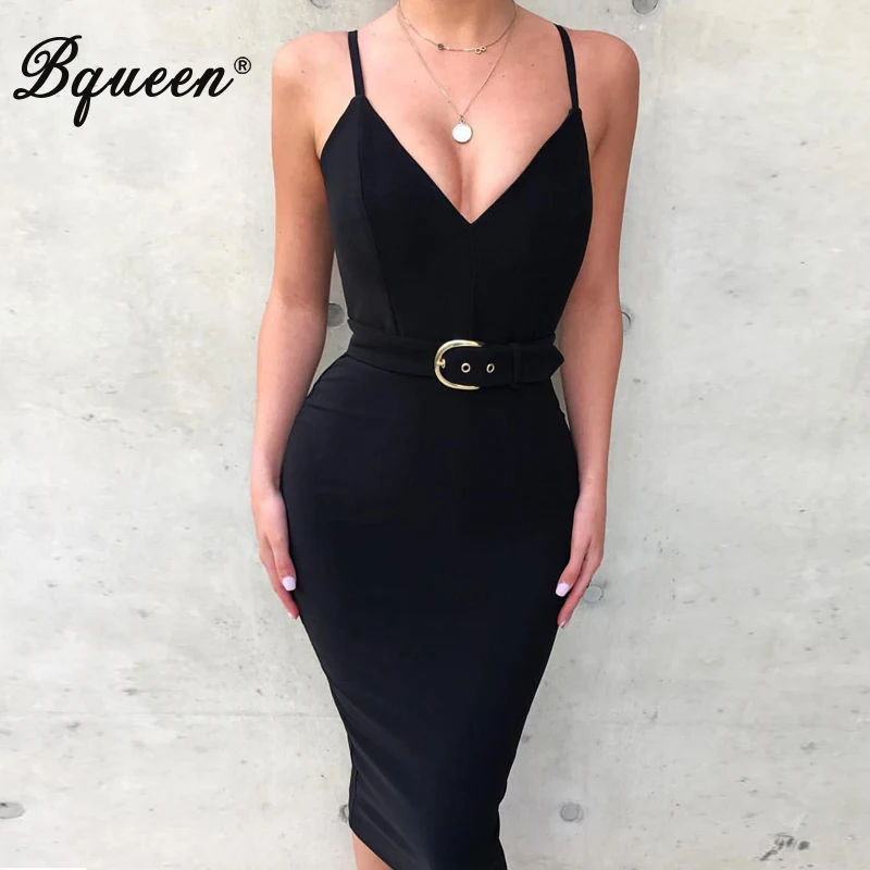

Bqueen Women Sexy Strap Sleeveless Deep V Neck Bandage Dress Bodycon Knee Lengt Party Club Dress With Belt Vestidos 2019 New