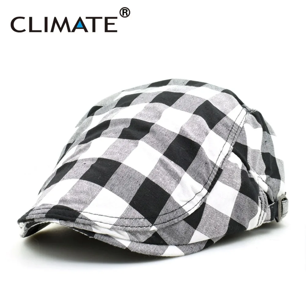 

CLIMATE Men Plaid Berets Spring Cotton Flat Cap Hats Black and White Checks Beret Ripstop Grid Caps Women Men Adjustable Hat