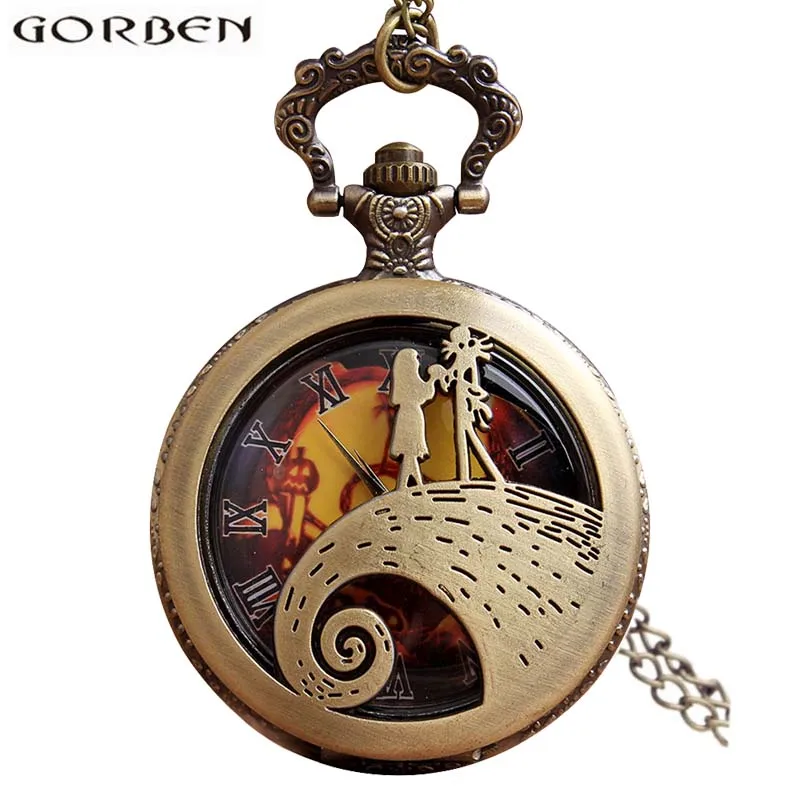 Vintage Bronze Tim Burton's Nightmare Before Christmas Pocket Watches Jack Skellington Sally Pendant Chain Clock Women Men Gift photo