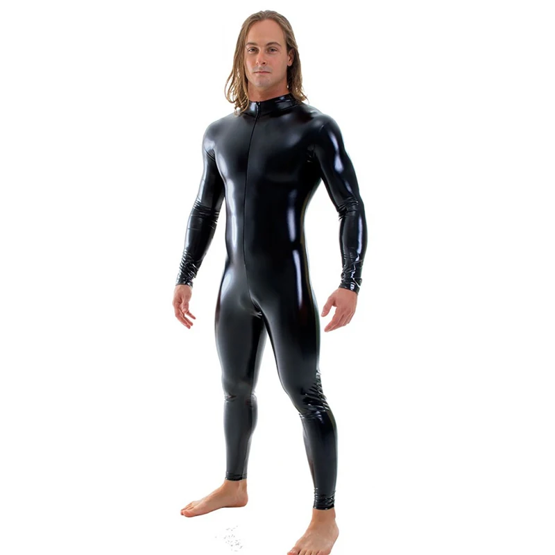 Men Latex Suit Black Shiny Metallic Tights Gold Zentai Suit Full Body Unitard Skin Bodysuit Zipper Front