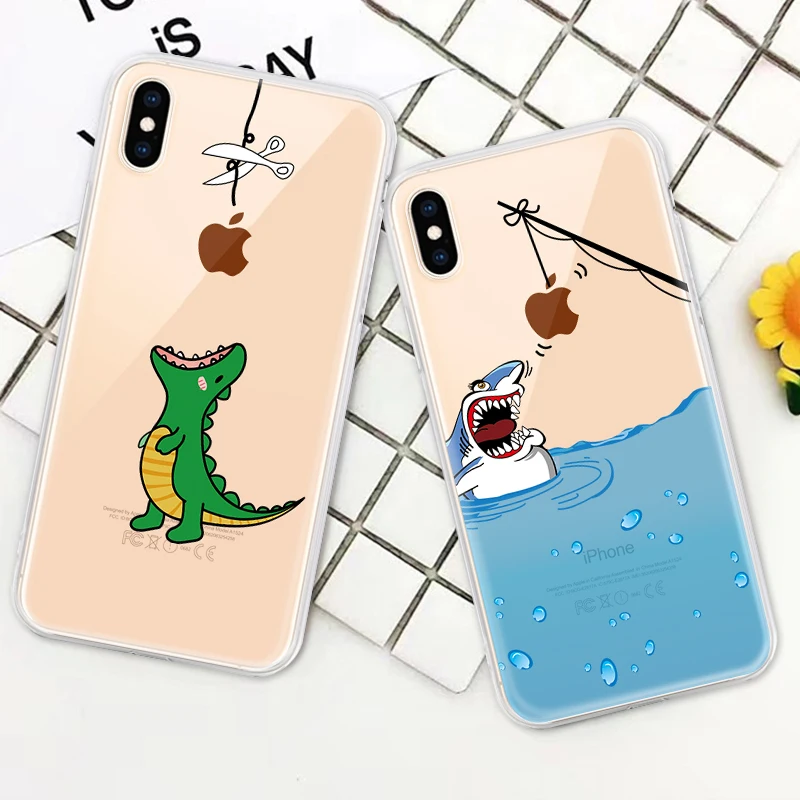Animals Pattern Transparent Cartoon Phone Case For iPhone XS Max XR X Cute Shark dinosaur Soft Silicone Cover Coque Housing |