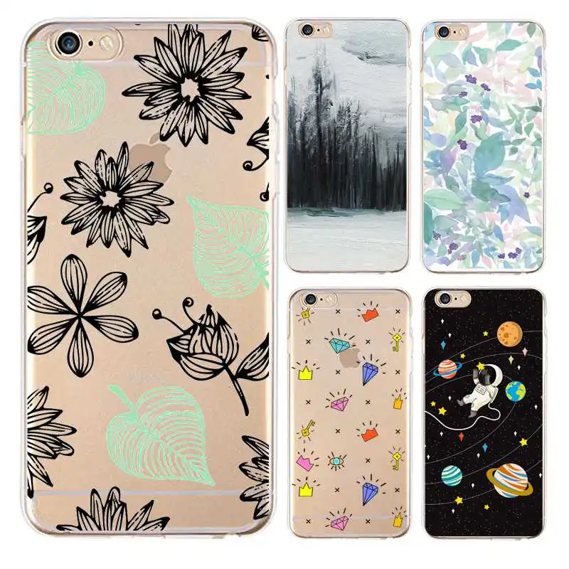 Forest Soft Clear TPU Phone Case For iPhone 4/4s 5 5s 6 6plus 7 8plus x Silicone Diamond Flora Cover Free Shipping | Мобильные