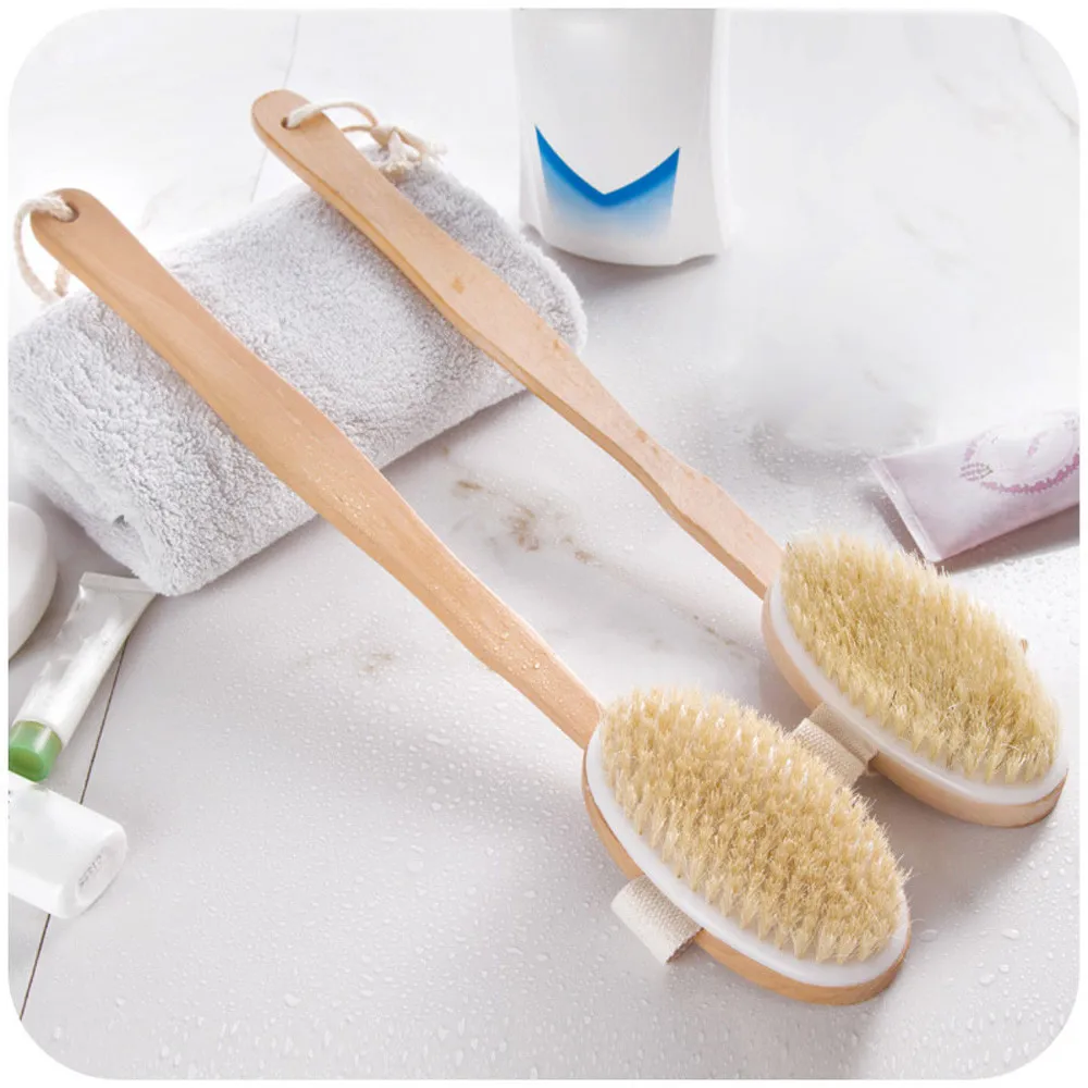 

Shower Brush Boar Bristles Exfoliating Body Massager with Long Wooden Handle for Dry Brushing and Shower Bath Body