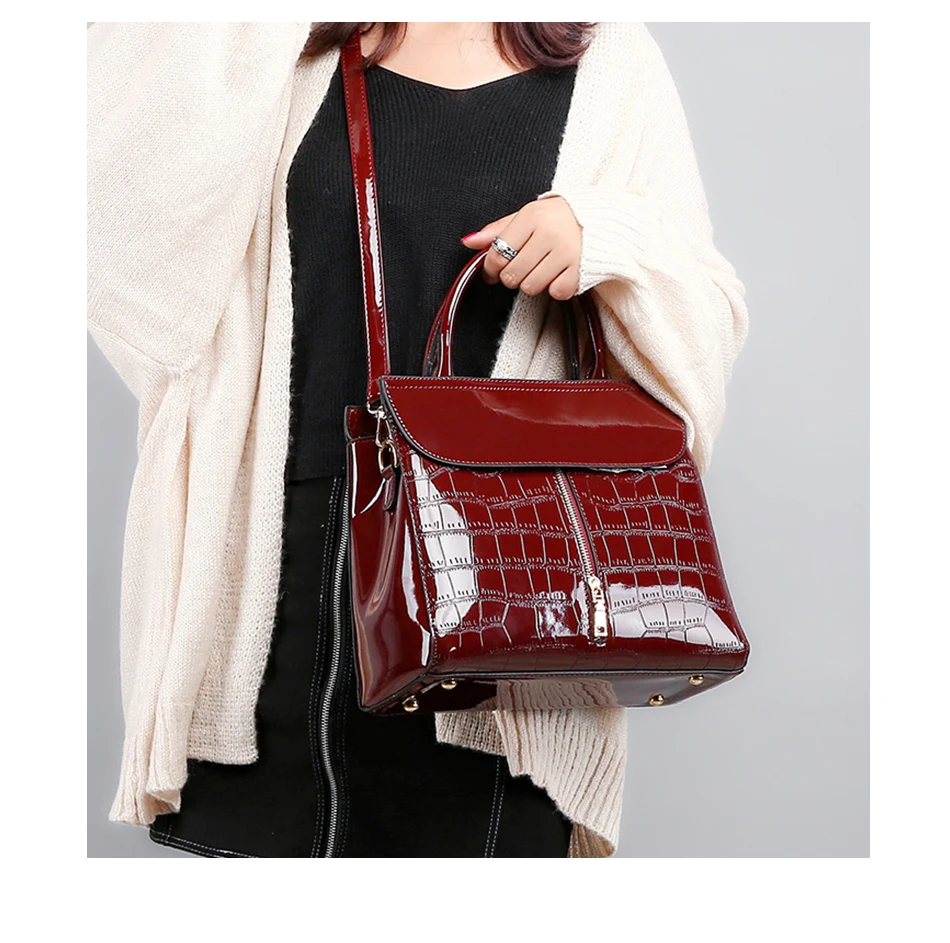 Красные/черные/синие сумки из крокодиловой кожи, женские сумки и сумочки, набор из 3 предметов, яркие лакированные кожаные сумки-тоут+ сумка через плечо с цепочкой