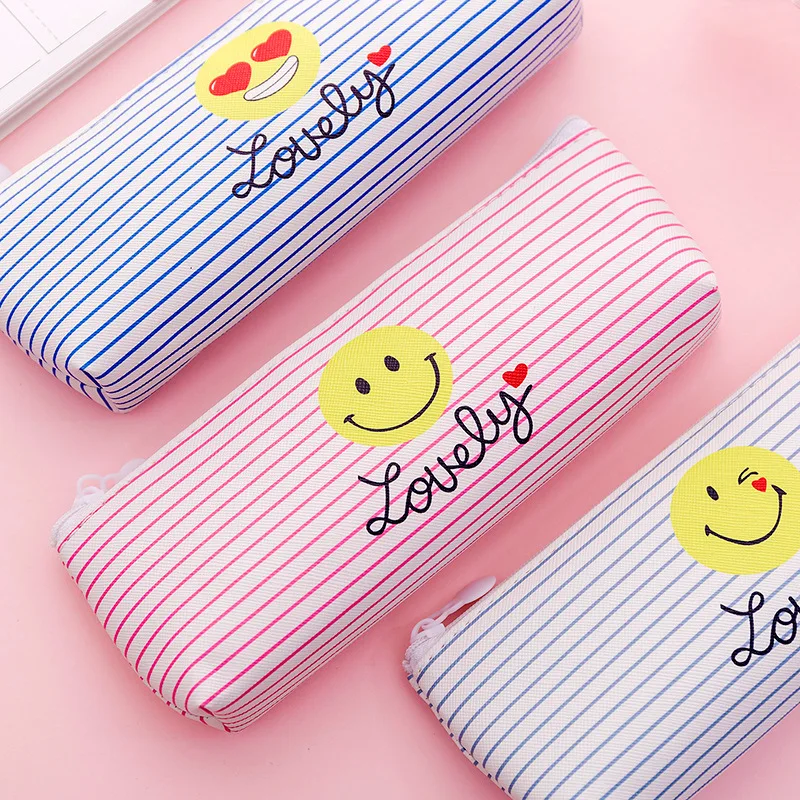 Cartoon Emoji school Pencil Case Cute Stripe Cat Bear Pencil Box Pen