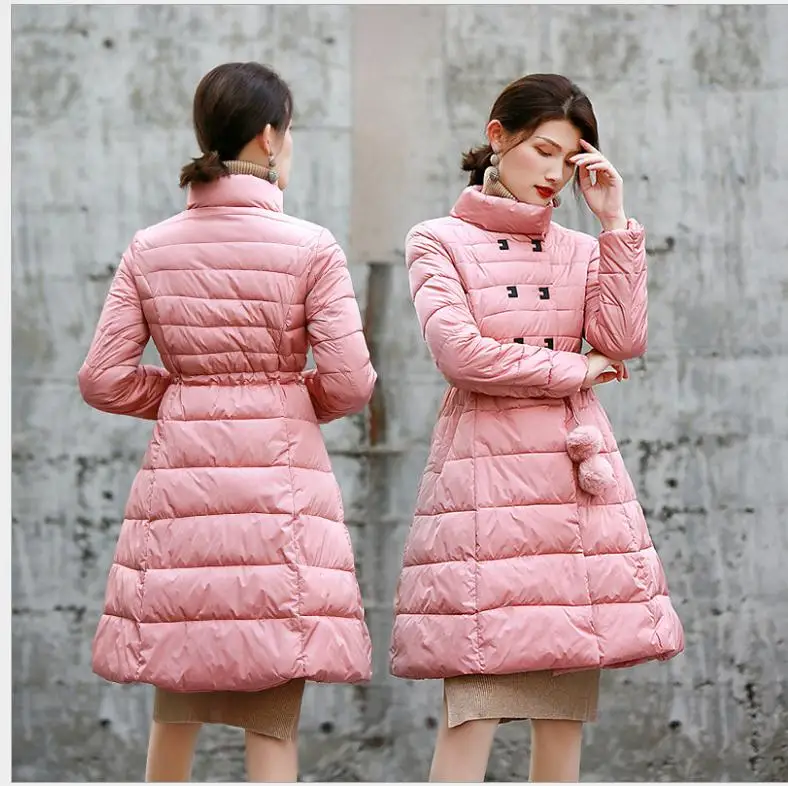 Ботинки из органической кожи новые зимние Для женщин Jackets2018Fashion куртка А-силуэта хлопковая куртка Для женщин с пояса Кнопка зимние пальто со стоячим воротником ParkasCQ2508 - Цвет: pink