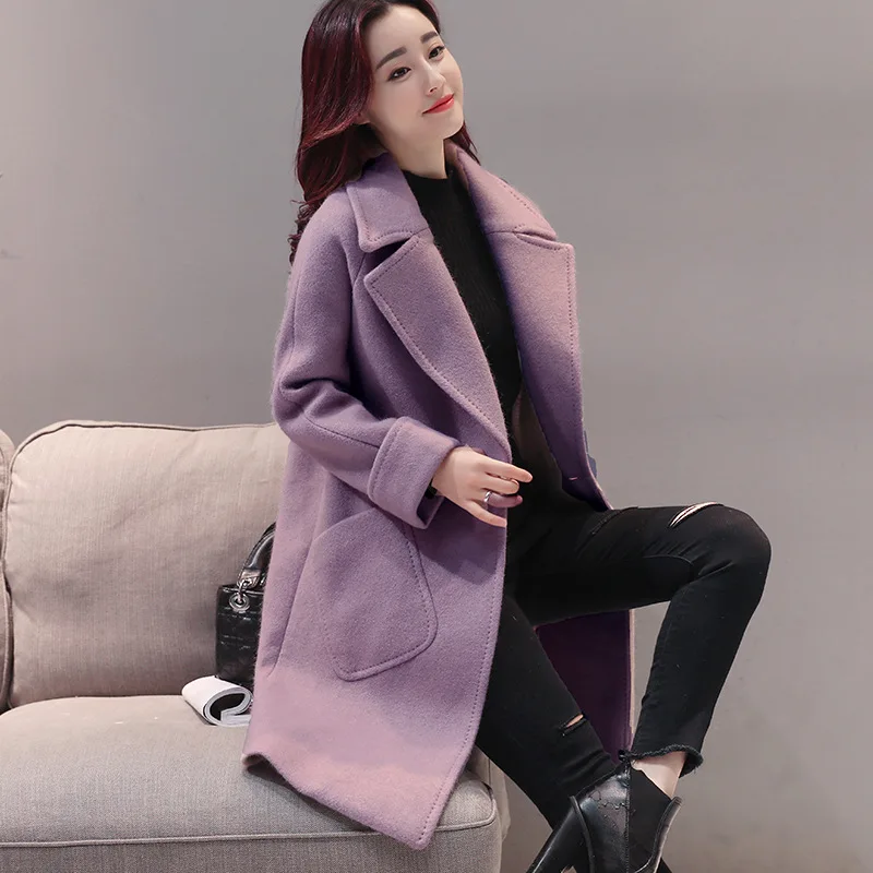 

Office Lady Slim Women Long Winter Wool Blend Coat Double Breasted Wool Coat and Jacket Turn-down Collar Outerwear
