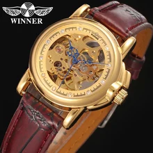 Relojes mujer WINNER автоматические часы для женщин фирменный дизайн с золотым цветным циферблатом темно-красный кожаный WRL8011M3G2