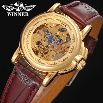

relojes mujer WINNER automatic watch women brand design with gold color dial deep red leather WRL8011M3G2