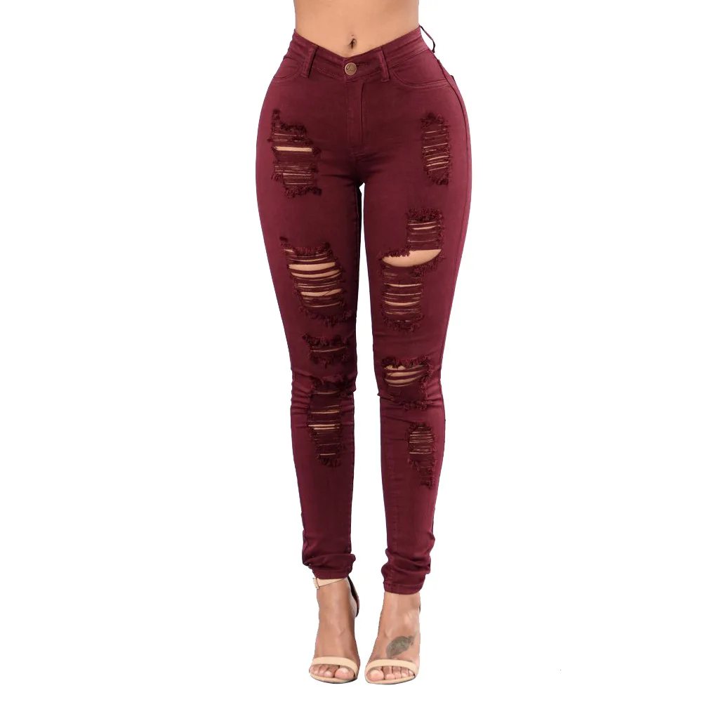 3 Colors 6 Size Women Cotton Jeans Ripped Slim Pencil