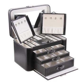 

Black Large Jewelry Storage Box PU Casket Leather Cosmetic Bag Women Gifts Luxury Mirror Jewellery Case Velvet Rings Display Bag