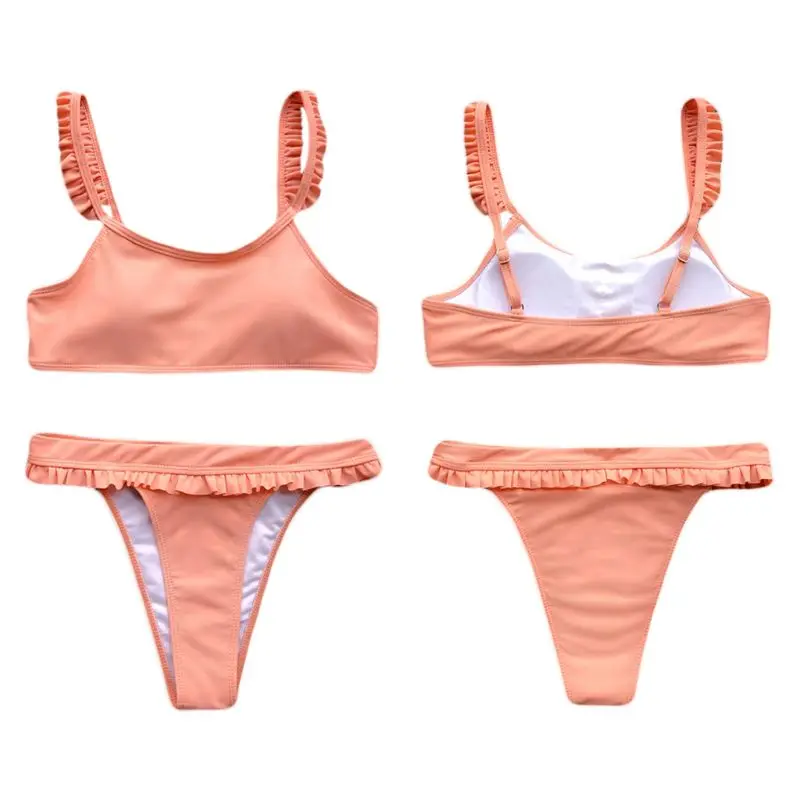 

Women Sexy Bikini Set Pleated Ruffles Flounce Patchwork Spaghetti Bralette Swimsuit High Cut Triangle Bottoms Bathing Suit