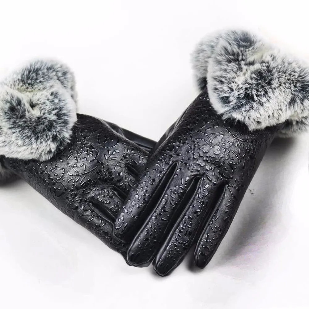 

2018 Fashion Leather Full Finger Gloves For Women Lady Outdoor Winter Warm Driving Gloves Fur Thicken Mittens Luva De Couro C15