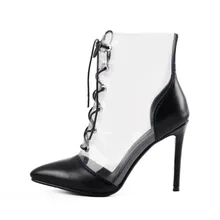 Onlymaker Women's Clear Transparent Lace up Ankle Boots Pointed Toe High Heel Mid-Calf Sandals Booties ladies sexy pointed toe blue denim lace up short boots super high heel jean ankle booties street fashion boots