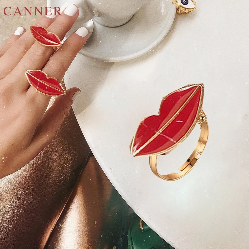 Sexy Red Lip Rings for Women Gold Adjustable Finger Ring Statement Rings Jewelry anillos mujer bague femme C40
