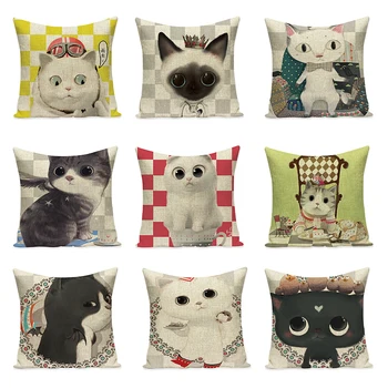 

Cute Cartoon Pattern Cushion Covers Cat Cotton Linen Art Creative Pillows Case Decorative Chair Sofa Accessories Car Home Decor