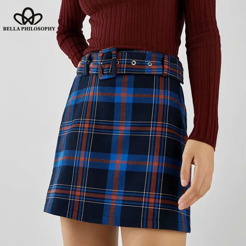 Wonder 2018 new autumn Vintage Mini Skirts Casual Streetwear Sashes Female Skirts Retro Fashion Lady Plaid A-Line Plaid Skirts