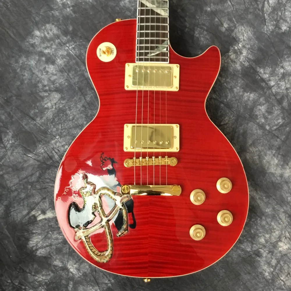 

suneye Custom Shop Red Flame Top Carved Cobalt Abalone Inlays Fretboard Standard Electric Guitar Free Shipping