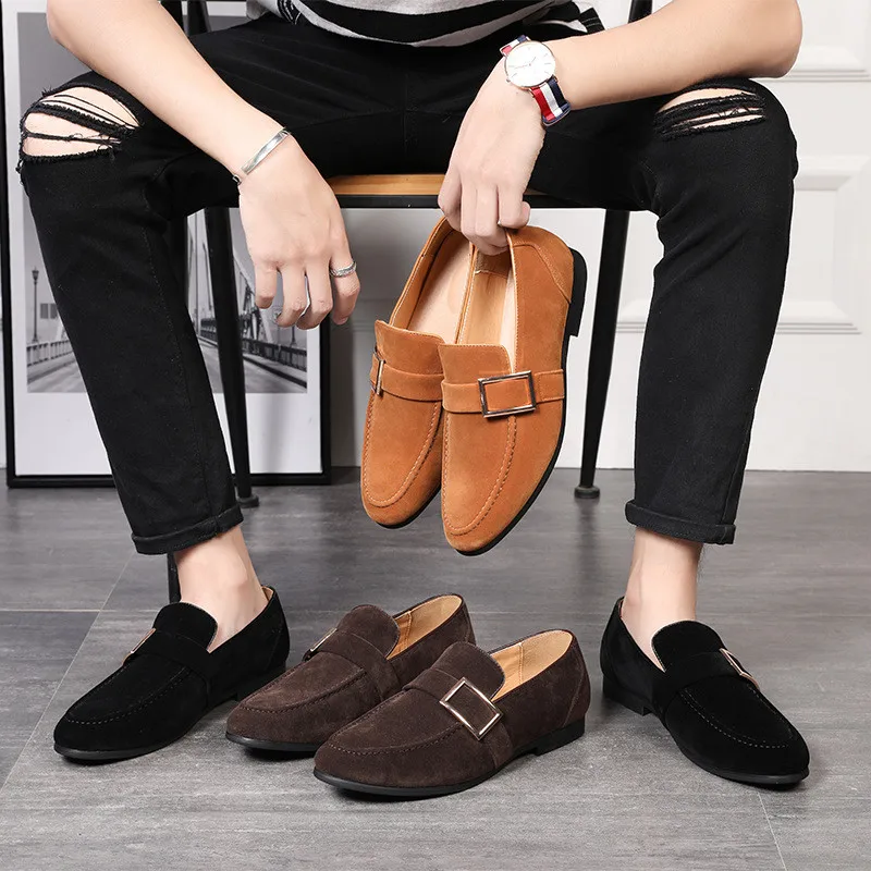 Merkmak Luxury Men Party Loafers Metal Buckle Design Elegant Suede Dress Shoe Vintage Retro Wedding Men's Footwear Casual Flats