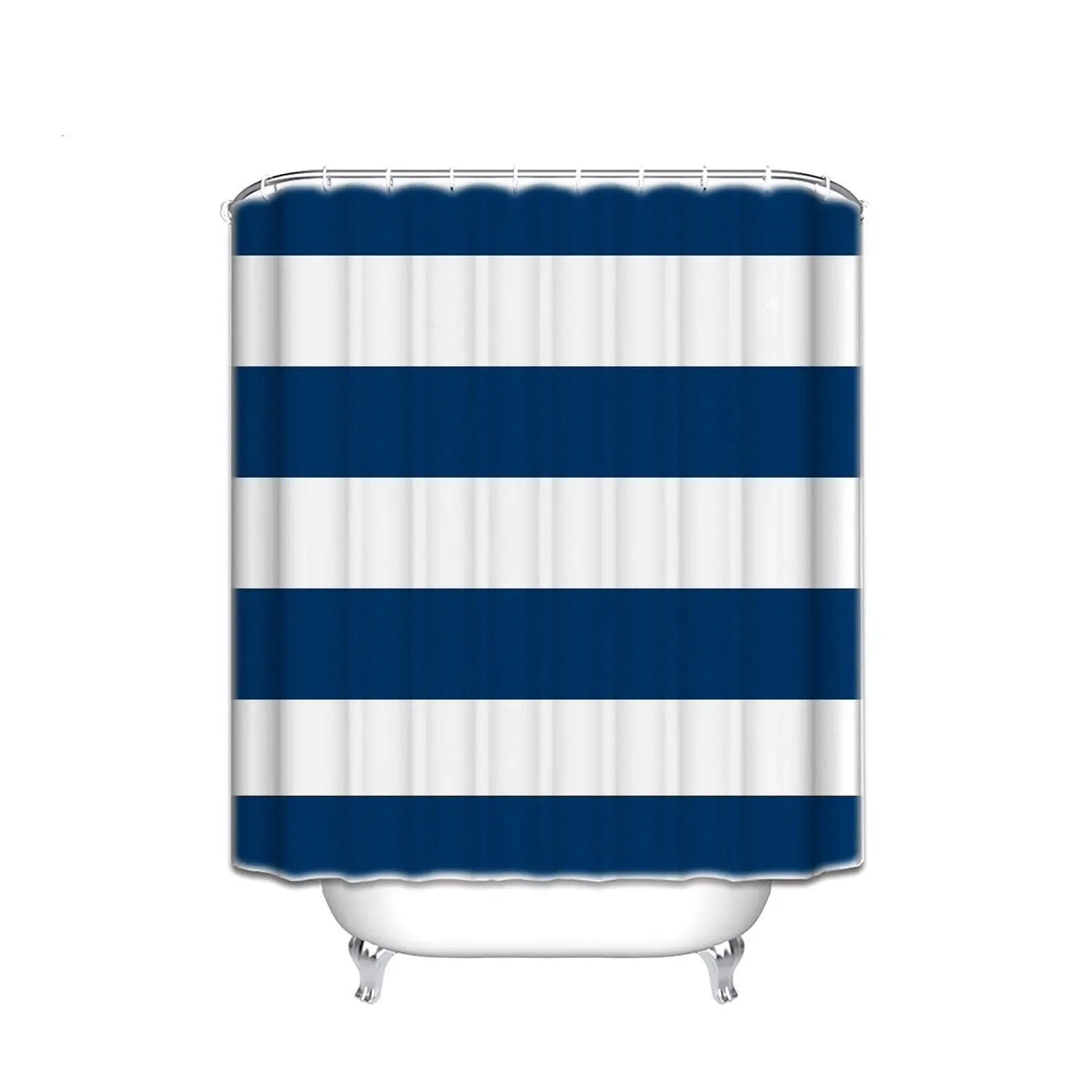 NANAZ Customize Waterproof Navy Blue Beige Wide Stripes Print Polyester Fabric Bathroom Shower