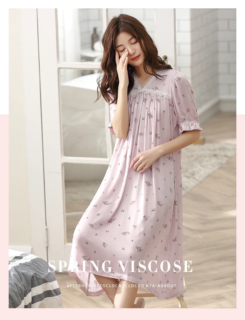Ночная рубашка размера плюс, женское розовое Ночное платье свободного размера, ночная рубашка с v-образным вырезом, Кружевная аппликация, цветочный принт, хлопок, короткая ночная рубашка