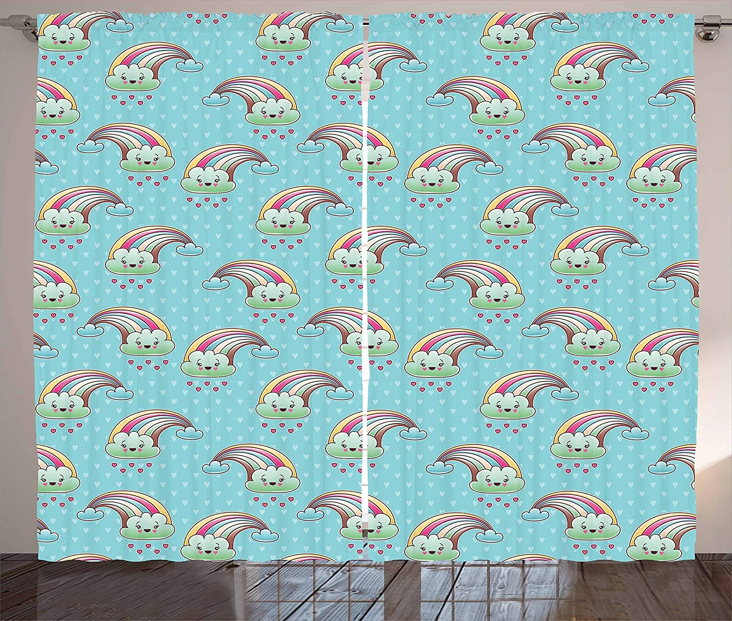 Anime Curtains Cartoon Rainbow Clouds With Smiling Lovely Faces On Pale Blue Background With Hearts Living Room Bedroom Window Curtains Aliexpress