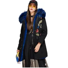 2017 High Fashion Winter Women’s Big Real Raccoon Fur Collar Parka Hooded Coat Appliques Beading Military Embroidery Long Jacket