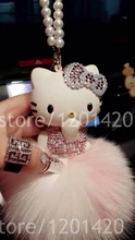 unique keychain sparkly Rhinestone hello Kitty Pendant fox furry Keyrings women car accessories rear view mirror charm Jewelry