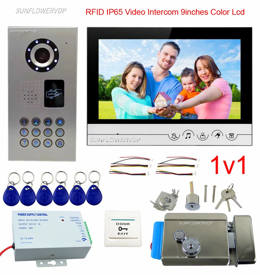 

Rfid Call Panel IP65 Waterproof Door Phone Intercom 9" Color Monitor Video Doorbell With Electronic Door Lock Touch Buttons Kit