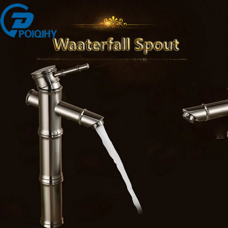

POIQIHY Brushed Nickel Bathroom Faucet Bamboo Style Sinlge Handle Hole Vessel Sink Mixer Tap Deck Mounted