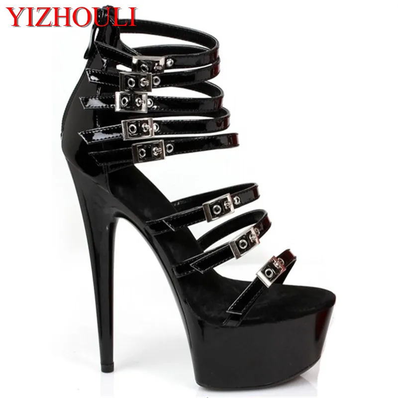 

The new sexy summer's new 15CM open-toe sandals, high heels and black lacquer banquet shoes