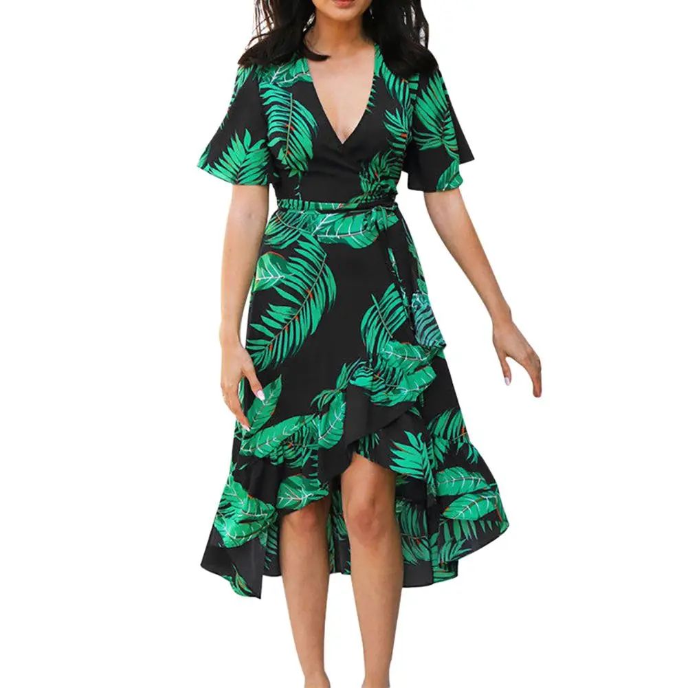 

Vintacy Short Sleeve Dress Green Tropical Beach Vintage Maxi Dresses Boho Casual V Neck Belt Lace Up Tunic Draped Dress