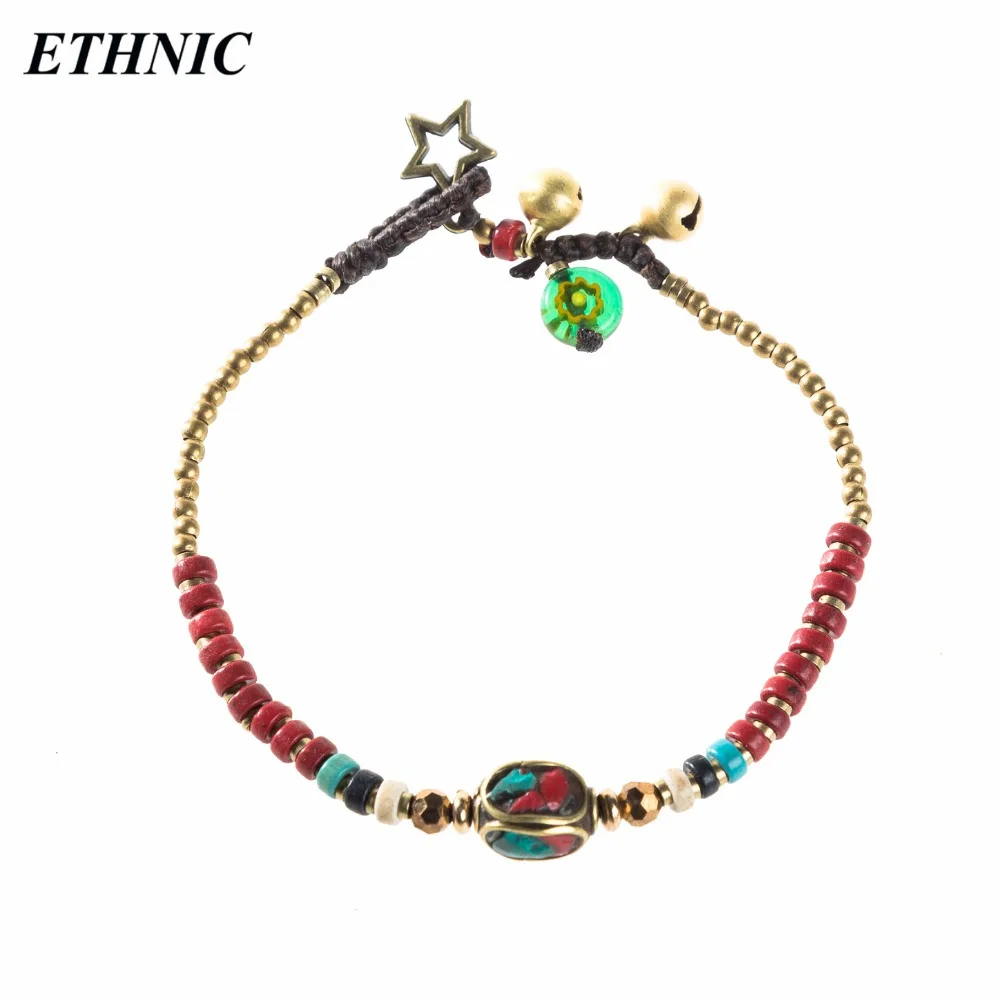 

ETHNIC Brand Boho Red Handmade Gypsy Gold-color Beaded Chain Charm Bracelets for Women Fashion A Bracelet