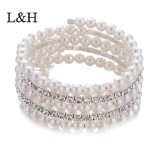 L& H Новые Элегантные Многослойные браслеты с искусственным жемчугом и кристаллами для женщин широкий Плетеный свадебный модный ювелирный подарок