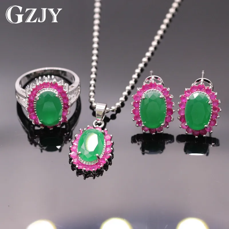 GZJY Модные женские ювелирные наборы Овальный зеленый и красный циркон кулон