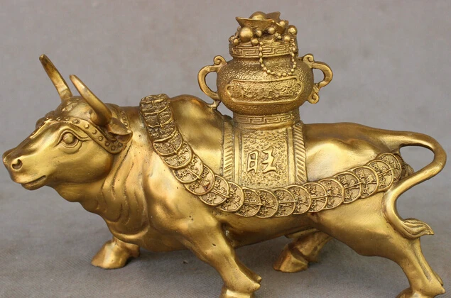 

JP S0606 9" Chinese FengShui Brass Animals Wealth Prosperous Treasure Bowl OX Bull Statue