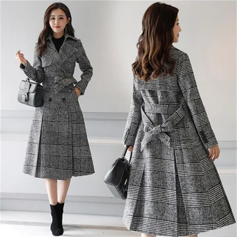 

2019 autumn and winter new ladies fashion slim long tartan wool coat