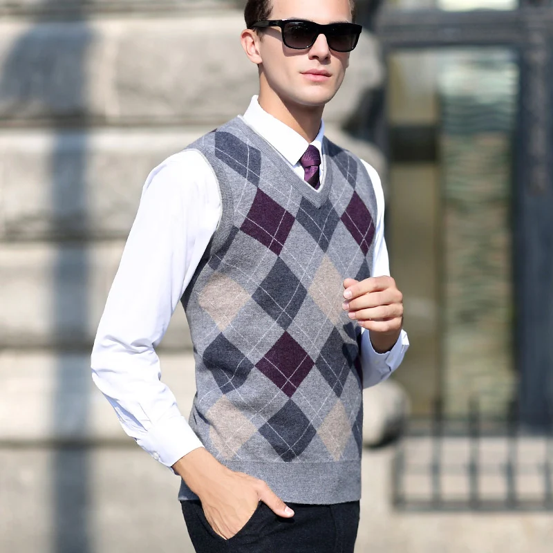 Мужские свитера, жилет, Модный повседневный стильный мужской шерстяной пуловер, свитер, зимний жилет с v-образным вырезом, вязаные свитера в форме Аргайла, жилет - Цвет: Gray