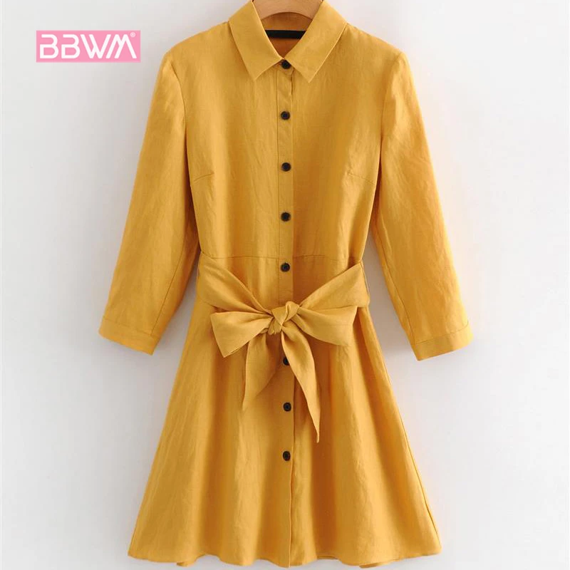 

Women's dress 2018 autumn women's new seven-point sleeve lapel single-breasted shirt dress belt