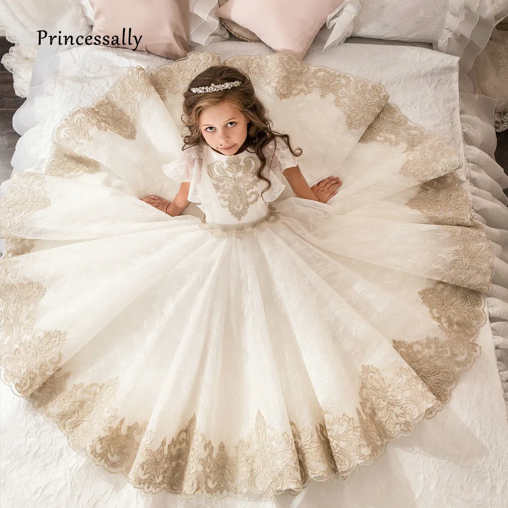 

New Flower Girl Dresses Long Short Sleeve Gold Lace Elegant Nobe Fille Enfant Mariage De Soiree First Comunion Dresses For Girl