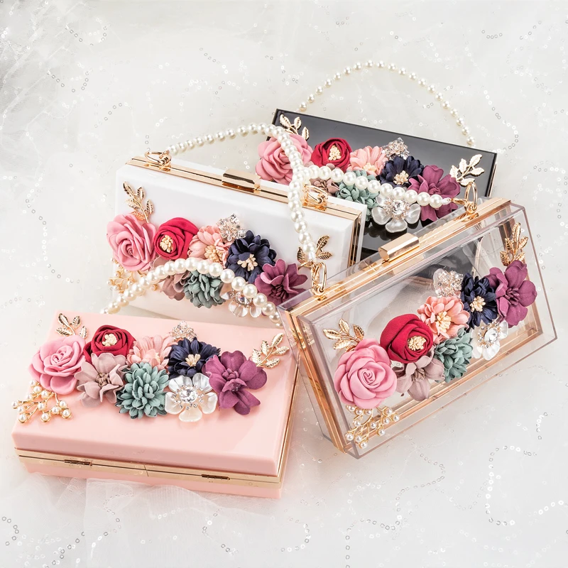 Women Luxury Evening Bags Wedding Party Pearl Flower Bride Handbag Crossbody Clear Hard Box Clutch Transparent Chain Bag Women Luxury Evening Bags Wedding Party Pearl Flower Bride Handbag Crossbody Clear Hard Box Clutch Transparent Chain Bag