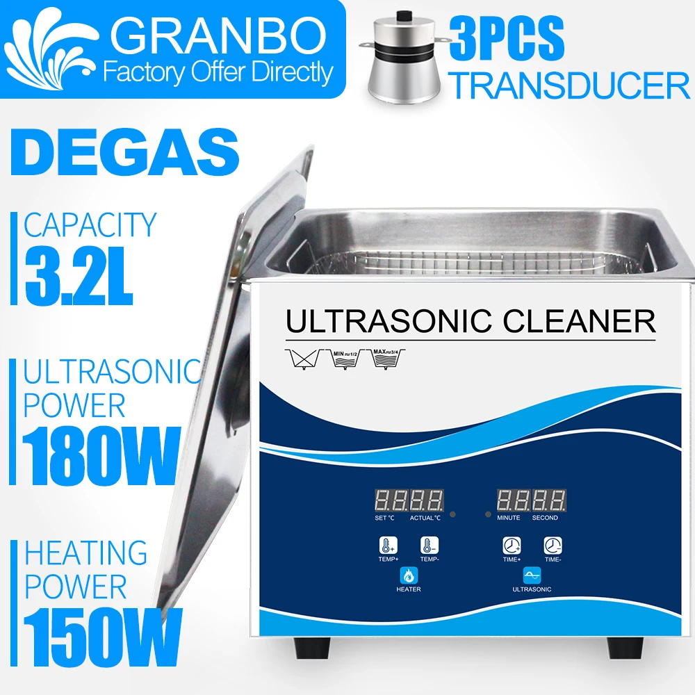 

Granbo 3.2L 180W Digital Ultrasonic Cleaner Bath DEGAS Ultrasound Cleaner Sonic Cleaner Metal Parts Manicure tools Bicycle Chain