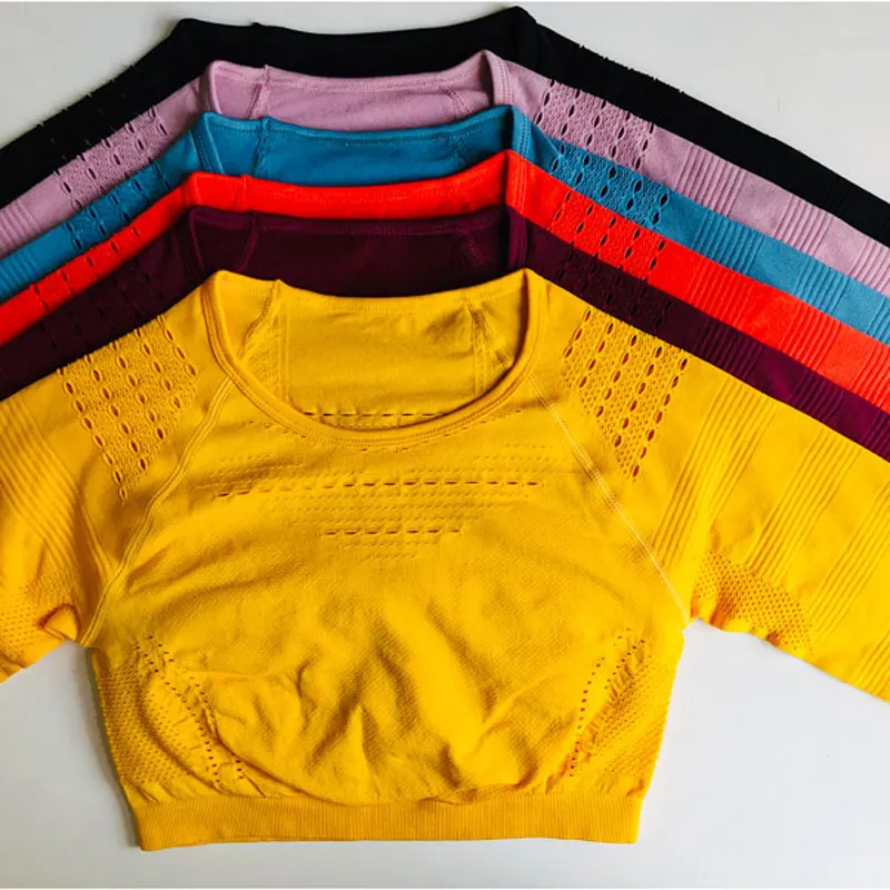 Vente Impeccable tricot sans couture yoga top fitness à manches longues femmes chemises d entraînement gym haut court respirant sport chemise femmes