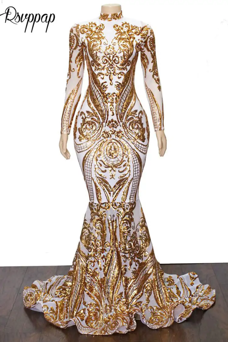 Длинные платье для выпускного вечера es Sparkly Высокая шея Золотая блестка сексуальный белый Русалка в африканском стиле Для женщин с длинным рукавом Вечерние платье для выпускного вечера