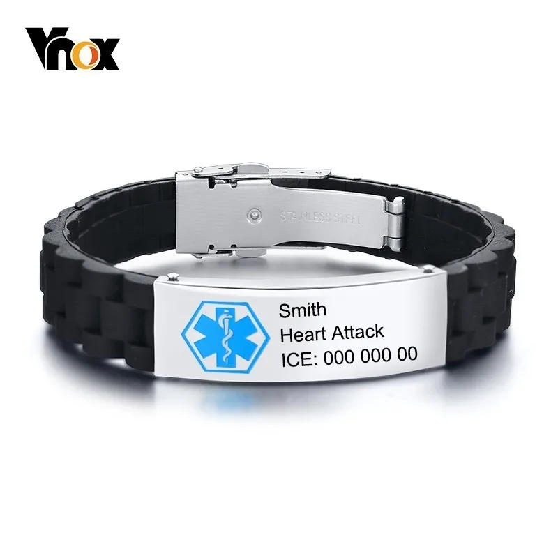 

Vnox Men's Black Silicone Sport Medical Alert ID Bracelets for Women Custom Engraving Name Disease Info Emergency Accessory