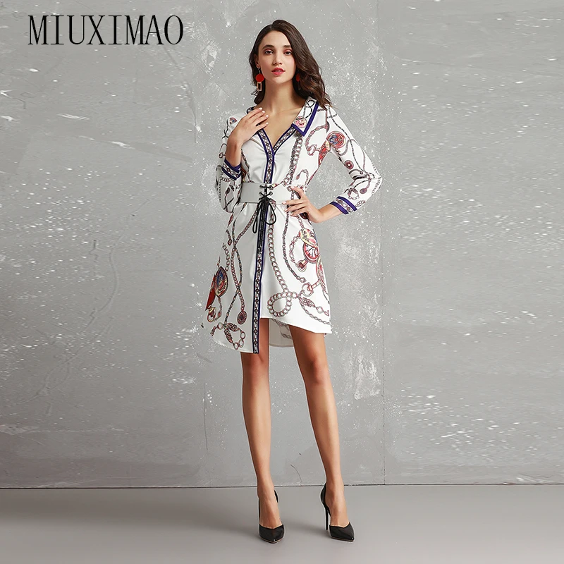 

Best Quality 2018 Latest Fall Fashion Elegant V-Neck Long Sleeve Print A-Line Knee-Length Vintage Irregular Dress Women