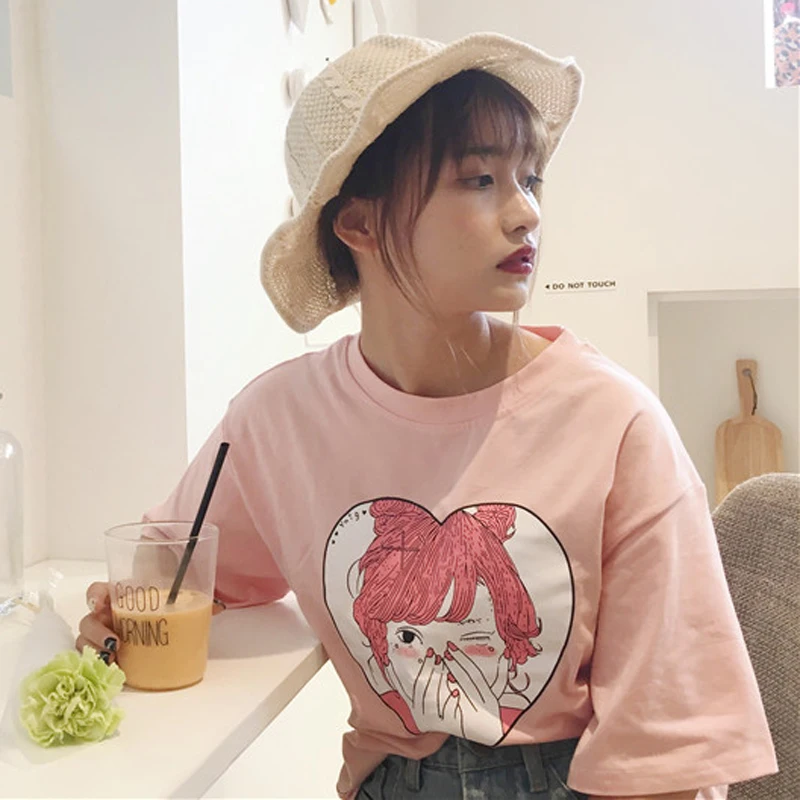 

Summer Pink Cute Cartoon Printed Women T-shirts 2019 Harajuku Women Short Sleeve Loose Half Sleeve T-shirts Girls Kawaii Clothes