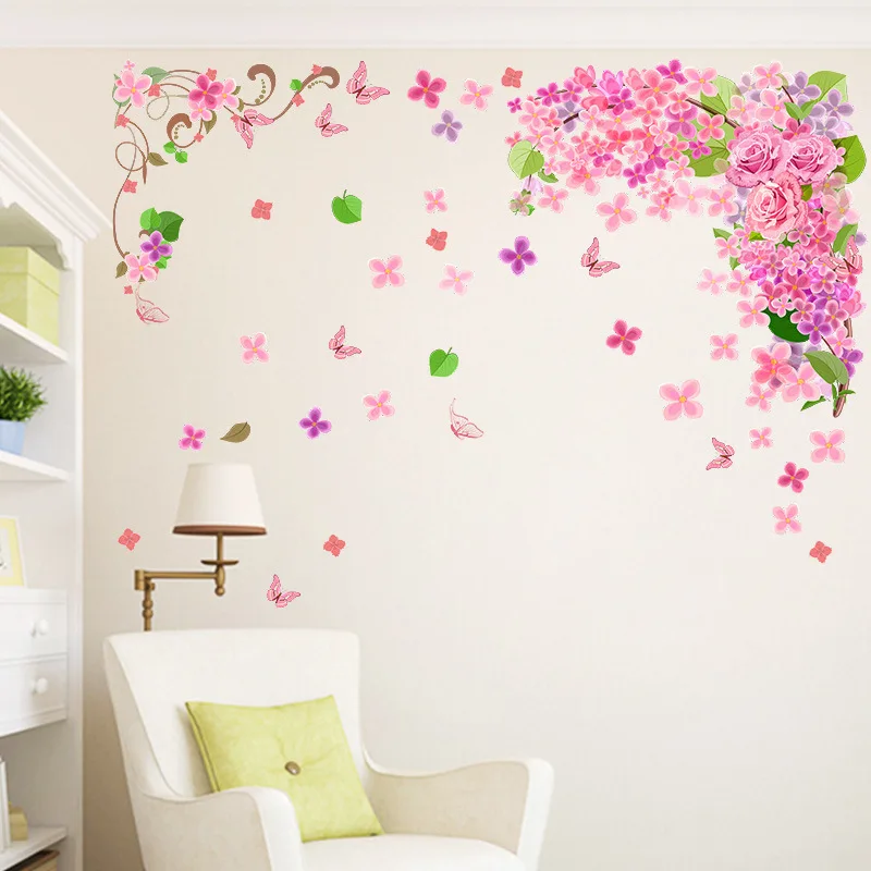 Us 499 Beautiful Pink Flower Vine Green Leaf Butterfly Wall Stickers Romantic Bedroom Living Room Sofa Background Environmental Decals In Wall