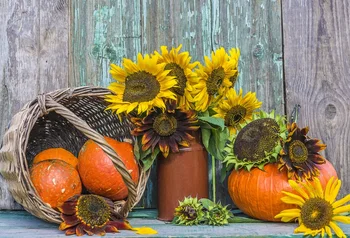 

Laeacco Wooden Board Sunflower Pumpkin Thanksgiving Photography Backgrounds Customized Photographic Backdrops For Photo Studio